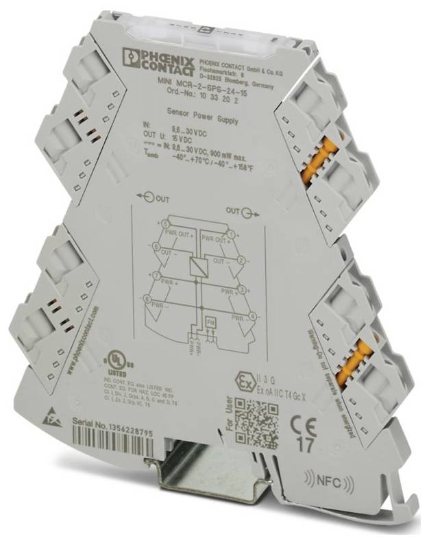 Ein graues elektronisches Gerät mit mehreren Steckplätzen und Text zur Angabe von Spezifikationen, das für Verbindungen und Stromversorgung verwendet wird und von Phoenix Contact hergestellt wird.