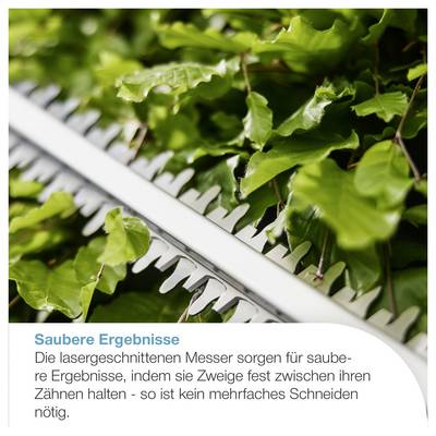 Nahaufnahme eines Heckenschneiders mit lasergeschnittenen Messern beim Schneiden grüner Blätter; Text: 'Saubere Ergebnisse' und Hinweis auf saubere Schnitte ohne Mehrfachschneiden.