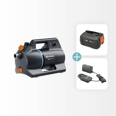 Gardena-Wasserpumpe gezeigt mit Akku und Ladegerät, wobei die Kompatibilität und Vollständigkeit des Sets für effiziente Nutzung hervorgehoben wird.