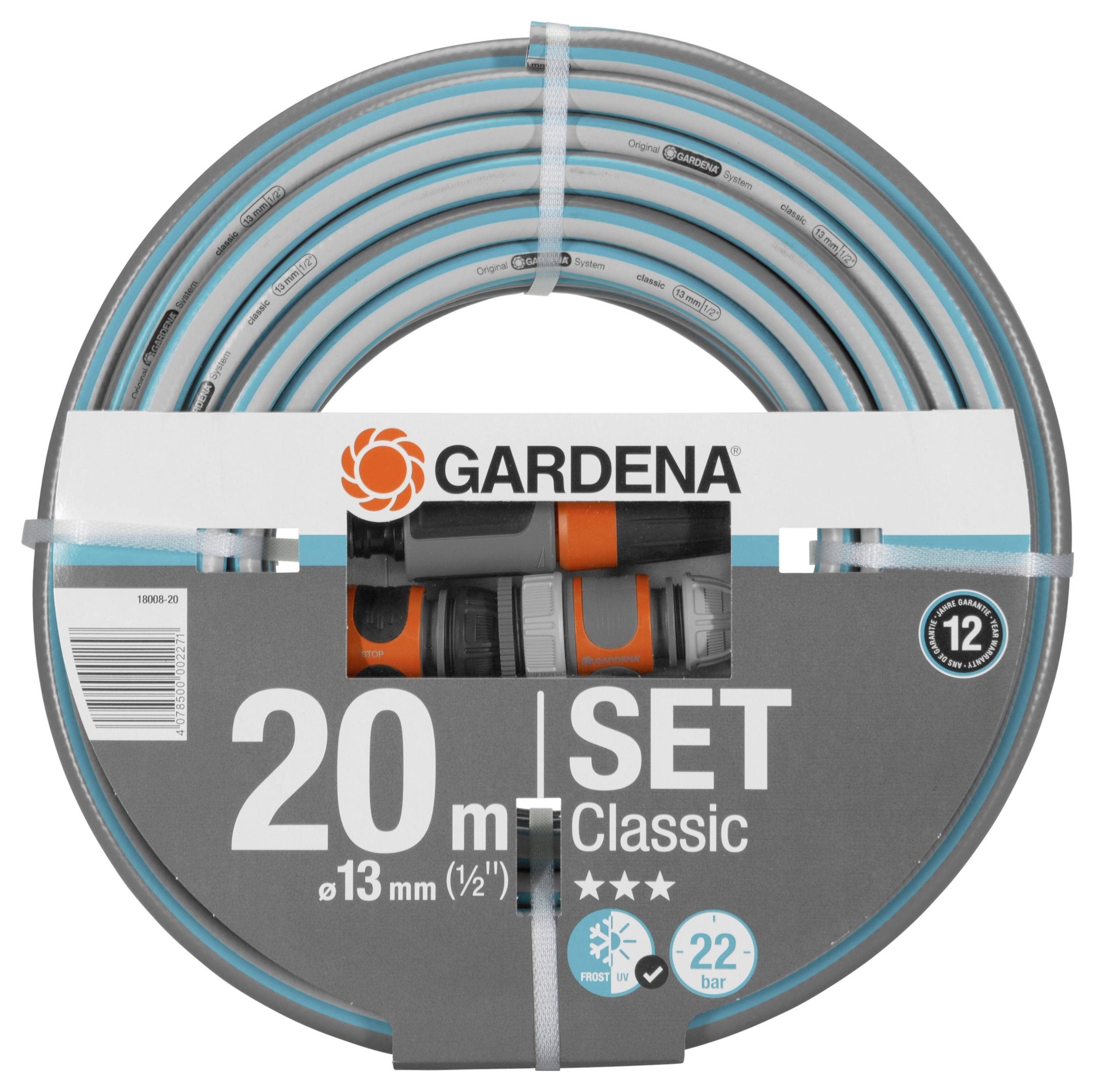 Gartenschlauch-Set 20 m, Durchmesser 13 mm, Marke Gardena, inklusive Anschlüsse, geeignet für bis zu 22 bar Druck.
