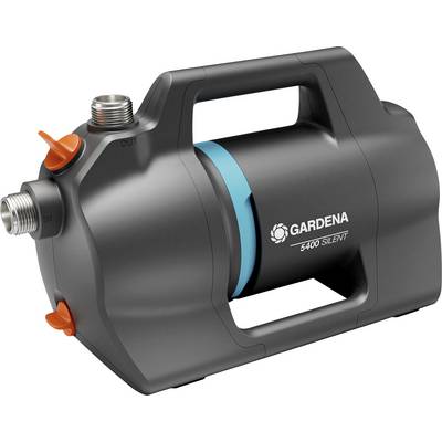 Bewässerungspumpe mit robustem Gehäuse und integriertem Griff. Markenname 'Gardena 5400 Silent' auf der Seite.