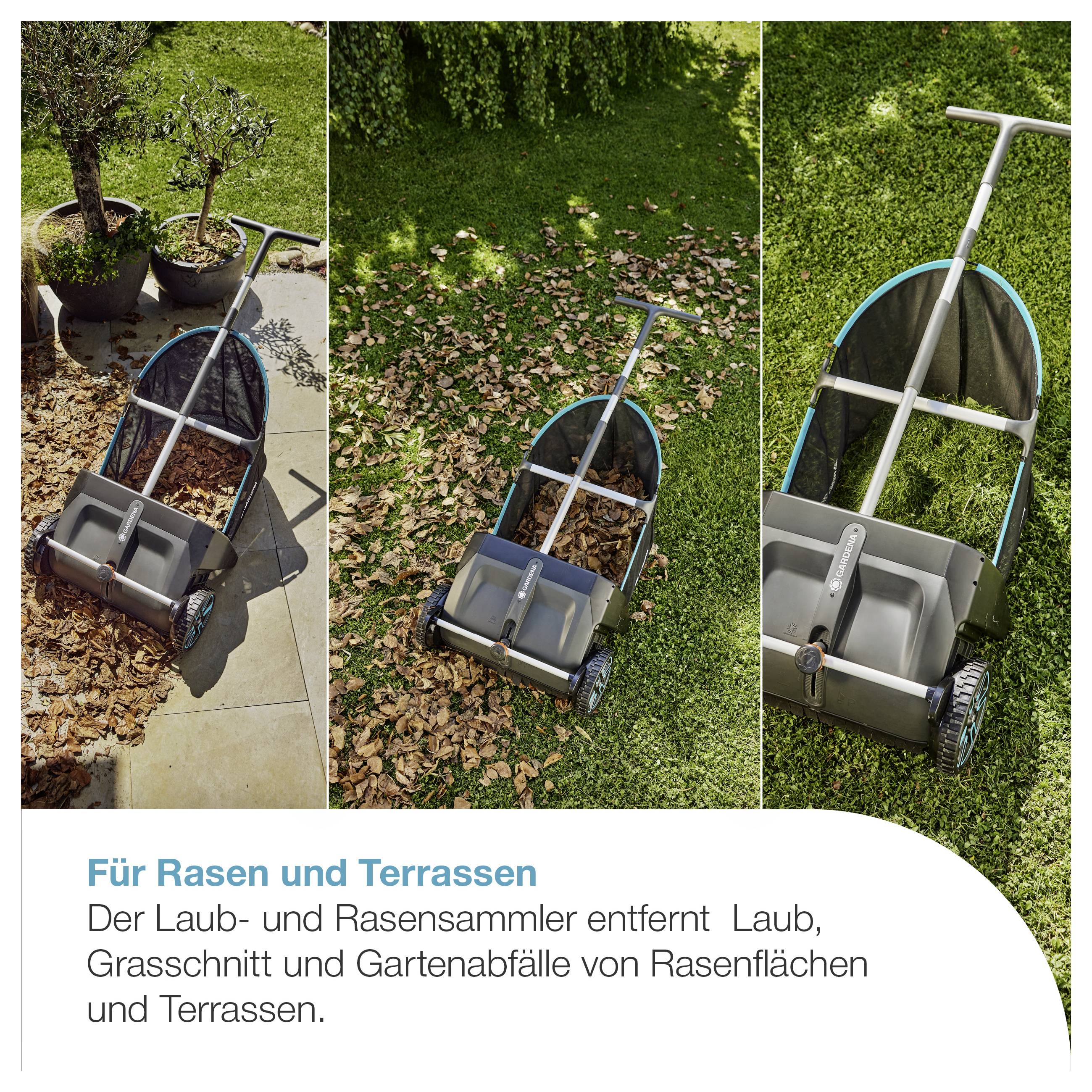 Werbung für einen Laub- und Rasensammler auf Rasen und Terrasse mit Text: 'Für Rasen und Terrassen'.
