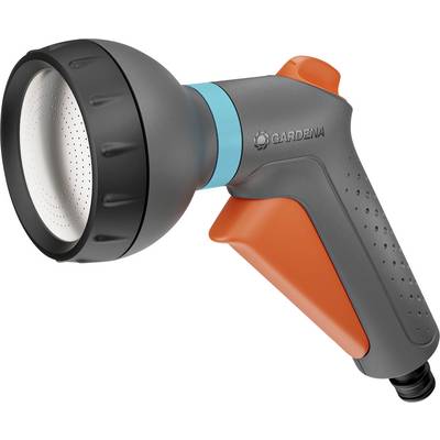 Eine graue und orange Gartenschlauch-Sprühdüse mit einem runden, gelochten Kopf zur Wasserflusssteuerung und einem ergonomischen Griffhandgriff.