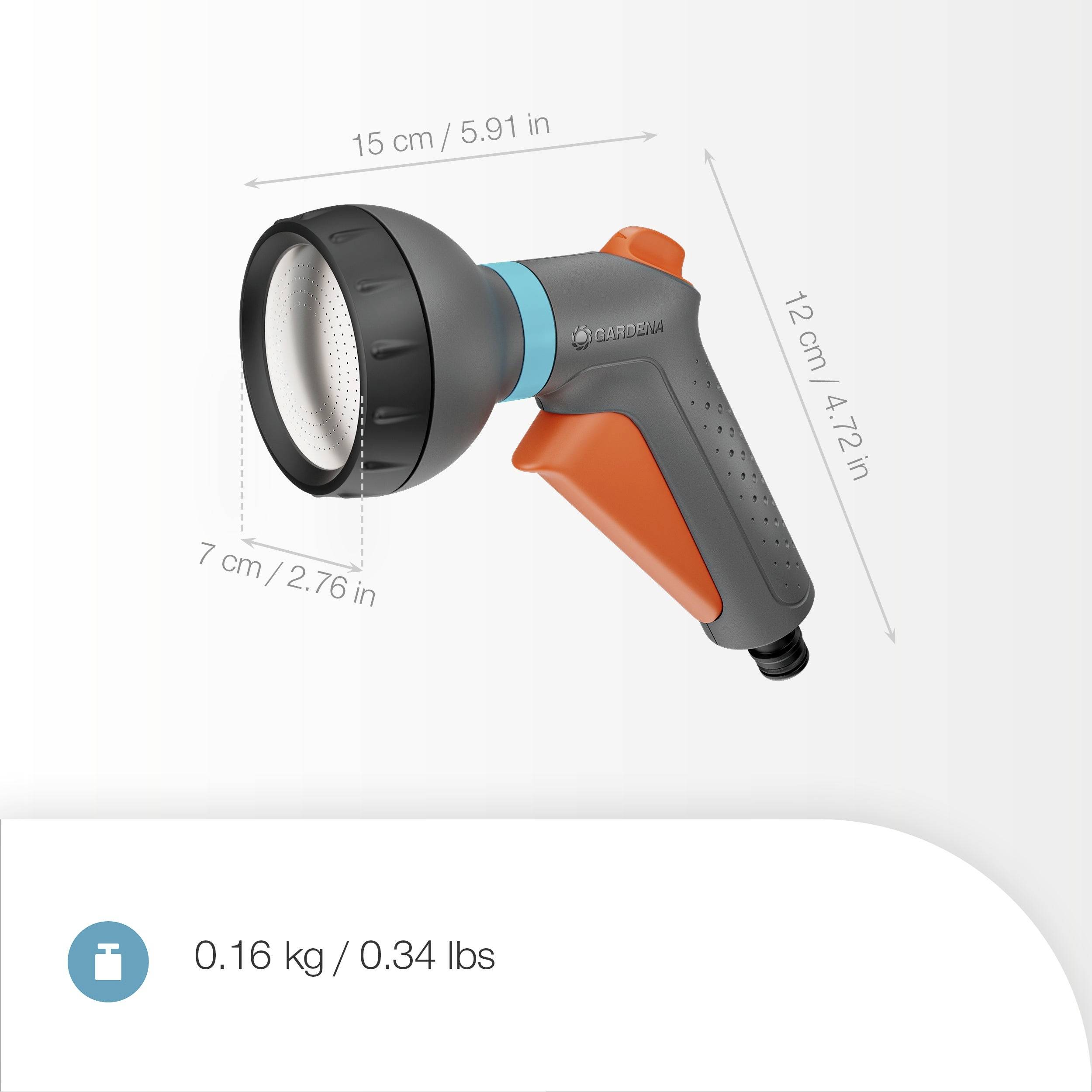 Eine Handbrause mit einem orange-schwarzen Design, die folgende Abmessungen zeigt: 15 cm Länge, 12 cm Höhe und 7 cm Breite; das Gewicht beträgt 0,16 kg.