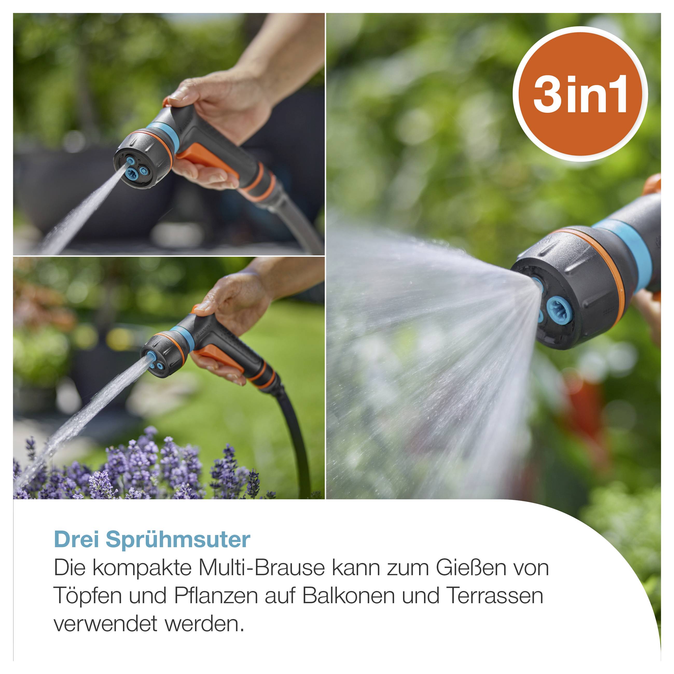 Werbung für eine 3in1-Gießbrause: Hand hält den Sprühkopf beim Bewässern von Pflanzen und Blumen im Garten.