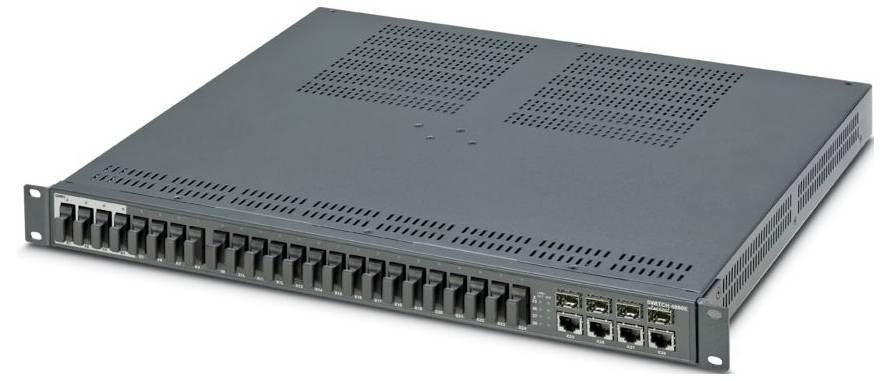 Ein rack-montierter Netzwerk-Switch mit mehreren Ethernet-Anschlüssen, der zur Verwaltung von Datenverkehr in großen Netzwerken konzipiert ist.
