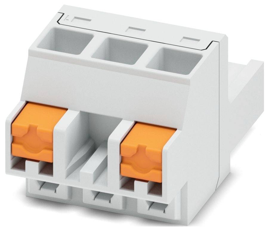Ein dreipoliges Klemmleistenblock mit orangen Druckhebeln für die elektrische Verdrahtung.