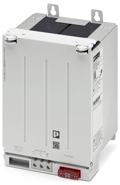 „UPS BAT 120W" Notstromversorgungseinheit in vertikalem Metallgehäuse mit digitaler Anzeige, die „50" zeigt. Obere Griffe sind für die Montage sichtbar.