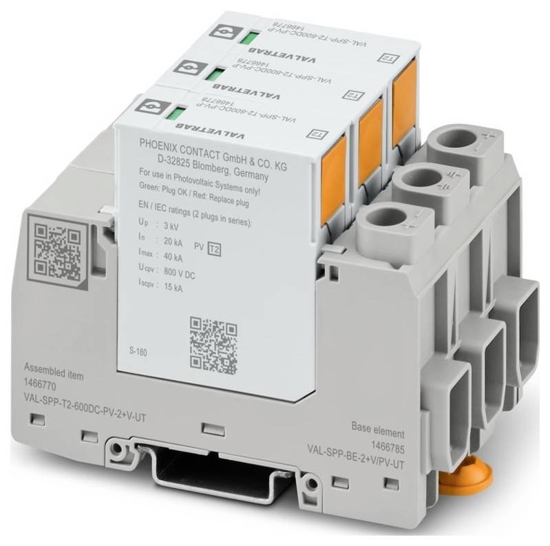 Ein graues Elektrogerät mit orangefarbenen Akzenten und Beschriftungen, das zum Überspannungsschutz in Photovoltaikanlagen verwendet wird. Modell: VAL-SPP-T2-800DC-PV/2+V-UT.