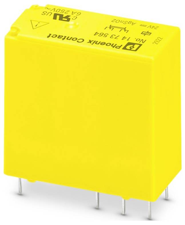 Ein gelbes Relaiskomponente mit Phoenix Contact Logo, ausgelegt für 250V und 6A, mit vier Metallbeinen zur Verbindung.