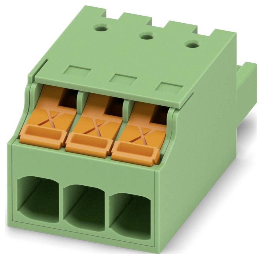 Ein grüner Klemmblock mit drei orangen Hebeln, der für elektrische Drahtverbindungen verwendet wird.