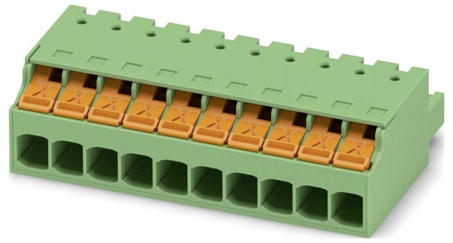 Grüner Klemmblock mit orangefarbenen Hebeln zum Sichern von Drähten; wird für elektrische Verbindungen verwendet und auf Leiterplatten oder Schaltfeldern montiert.