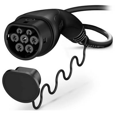 Ein schwarzer Elektroauto-Ladestecker mit einem Spiralkabel und einer abnehmbaren Kappe, ausgestattet mit mehreren Verbindungsstiften.