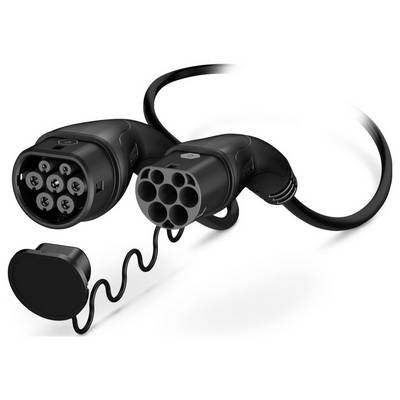 Zwei schwarze Elektrofahrzeug-Ladestecker, einer mit Kappe. Sie haben mehrere kreisförmige Stifte für die Stromübertragung.