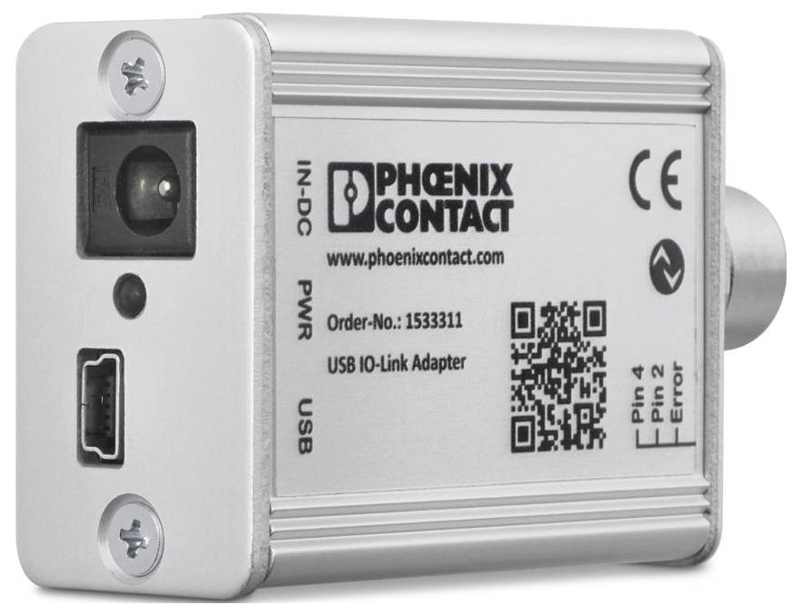 IO-Link-Adapter von Phoenix Contact mit Stromversorgung, USB-Anschlüssen und QR-Code für Spezifikationen.