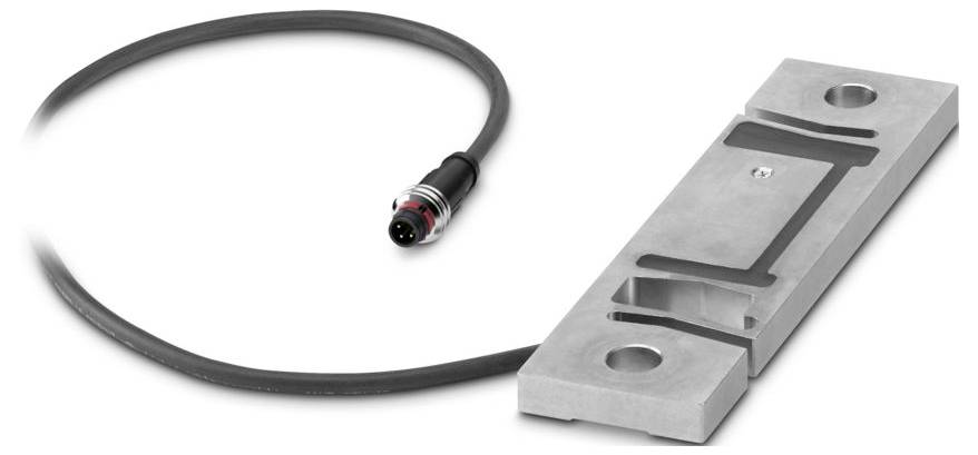 Ein rechteckiger Metall-Wägezellensensor mit angebrachtem Kabel, verwendet zum Messen von Gewicht oder Kraft in industriellen Anwendungen.