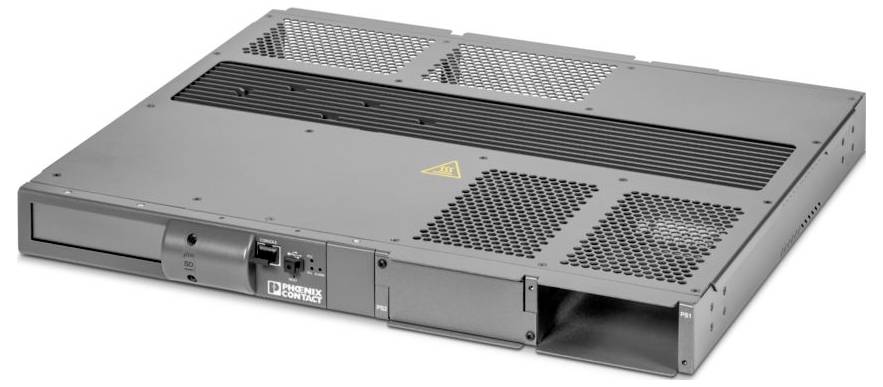 Eine flache schwarze elektronische Servereinheit mit belüfteten Paneelen und einem Warnsymbol auf der Oberseite, wahrscheinlich für Netzwerk- oder Datenspeicherzwecke.
