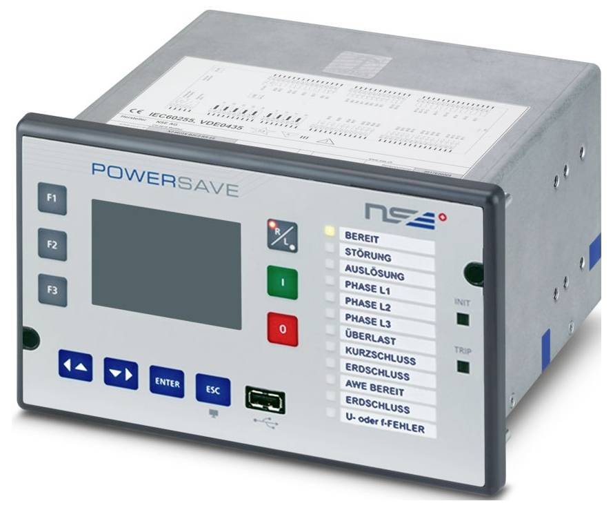 'Elektrokontrollgerät mit digitaler Anzeige und Tasten, beschriftet mit "POWERSave" und "NSE", mit verschiedenen Statusanzeigen und Kontrollen.'