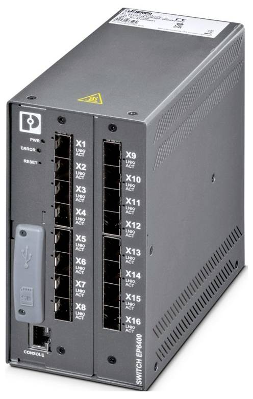Ein Netzwerk-Switch mit 16 Anschlüssen mit den Bezeichnungen X1 bis X16, ausgestattet mit Stromversorgungs- und Fehlerindikatoren, mit Konsolen- und Zurücksetzen-Optionen auf der Frontplatte.