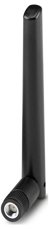 Eine schwarze, vertikale kabellose Antenne mit einem Stecker an der Basis.