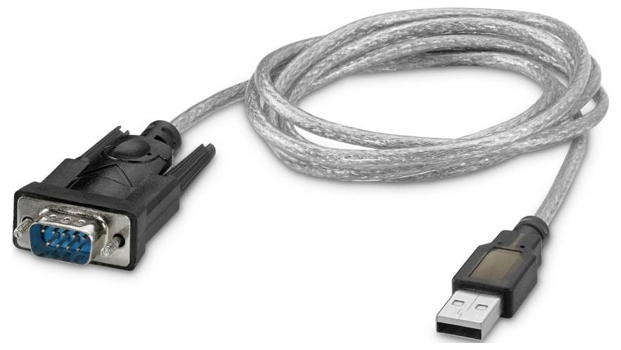 USB-zu-RS-232-Seriell-Adapterkabel mit USB-Anschluss an einem Ende und 9-poliger Serienanschluss am anderen Ende.