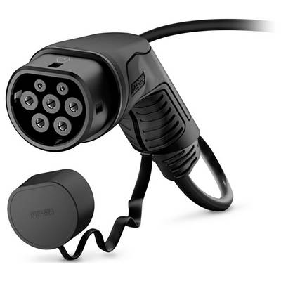 Typ-2-EV-Ladestecker mit mehreren Kontakten und einer abnehmbaren Schutzkappe, die über ein flexibles Kabel befestigt ist.