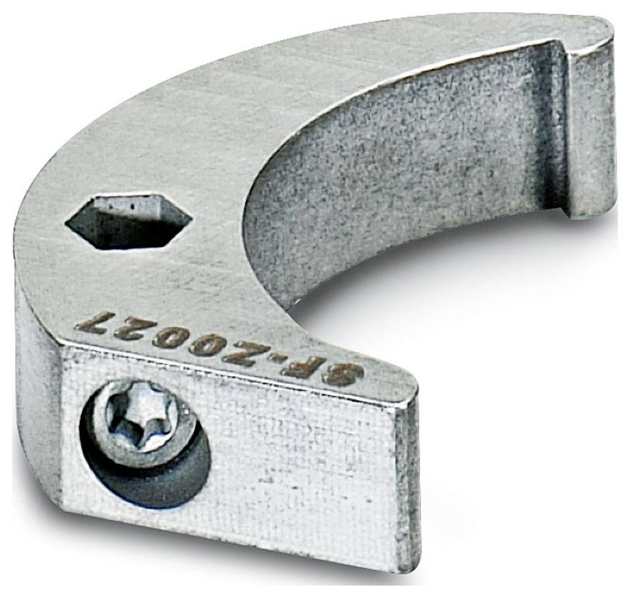 Eine gebogene Metallklemme mit einer sechskantigen Schraubenöffnung und einer Sternschraube. Der Text „RF20027" ist auf der Oberfläche geprägt.