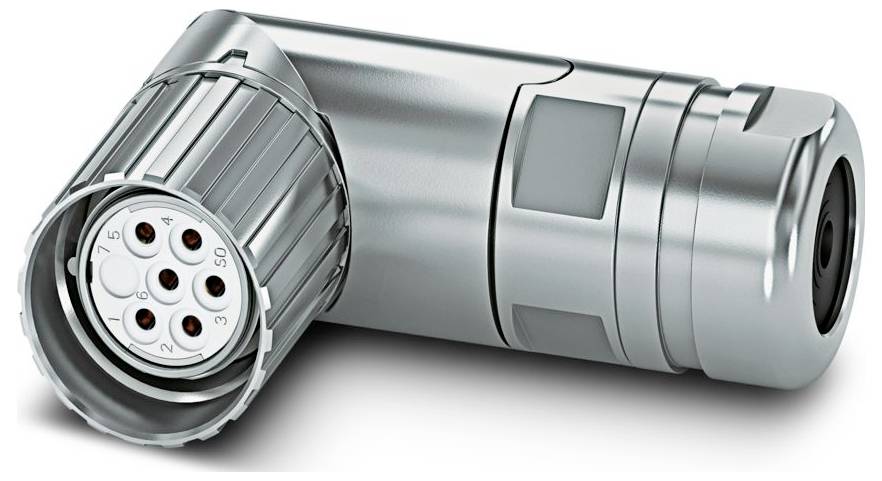 Ein Metallstecker mit rechtem Winkel und mehreren Kontaktstiften wird gezeigt, der für industrielle oder elektronische Anwendungen verwendet wird.