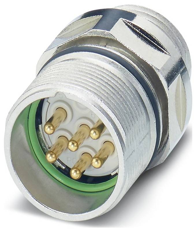 Ein aufgewickeltes Industriekabel mit Steckverbindern an beiden Enden, das mehrere Stifte und ein schützendes schwarz-silbernes Gehäuse aufweist.