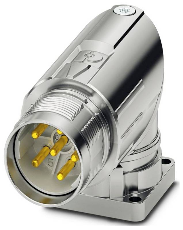 Ein Metallstecker mit rechtwinkliger Konstruktion, der sechs vergoldete Stifte für elektrische Verbindungen aufweist und auf einer quadratischen Grundplatte montiert ist.