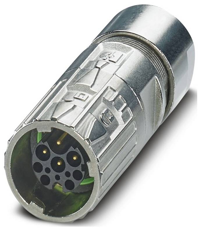 Ein metallischer kreisförmiger Stecker mit Goldstiften, wahrscheinlich für die industrielle Elektronik oder Automatisierung verwendet.
