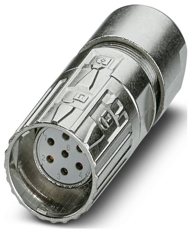 Ein metallischer zylindrischer Stecker mit sechs sichtbaren Stiften im Inneren, die jeweils mit Nummern gekennzeichnet sind.