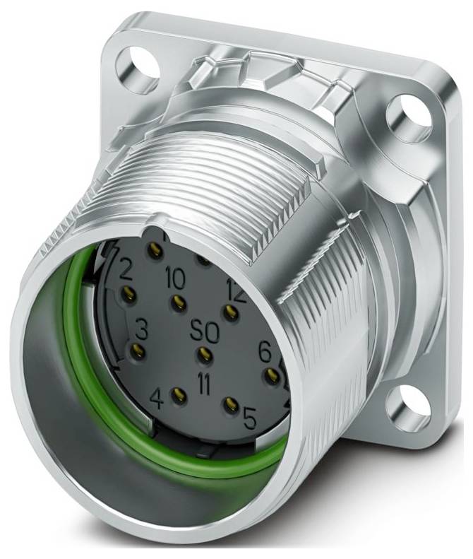 Metallischer Industriestecker mit 12 nummerierten Stiften und einem grünen Dichtungsring, verwendet für sichere elektrische Verbindungen.