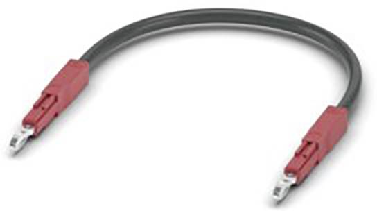 Ein rotes und schwarzes Starthilfekabel mit Krokodilklemmen an beiden Enden, das zum Verbinden zweier elektrischer Geräte verwendet wird.
