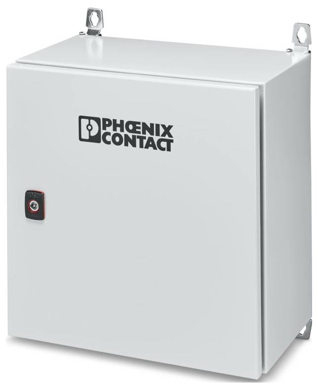 Graues Elektrogehäuse mit dem Logo "Phoenix Contact" auf der Vorderseite, das zur sicheren Unterbringung von elektronischen Geräten konzipiert ist.
