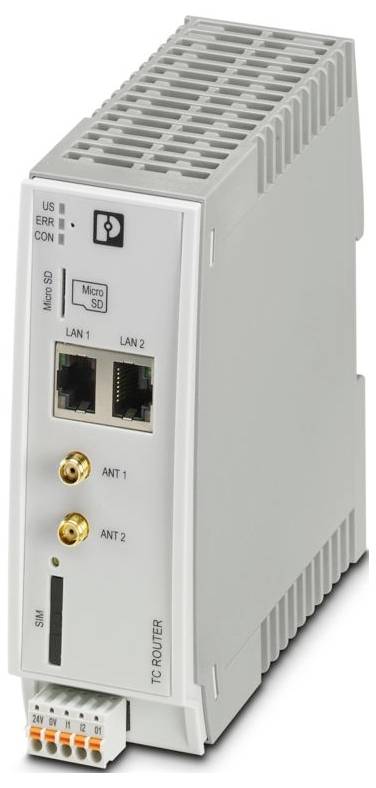 Ein grauer industrieller Ethernet-Router mit Anzeigelampen, LAN-Anschlüssen und Antennenanschlüssen.