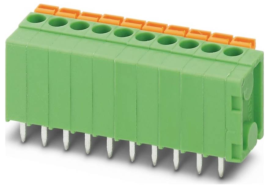 Ein grüner rechteckiger Klemmleistenverbinder mit mehreren Schlitzen und Metallstiften, der für elektrische Verbindungen verwendet wird.