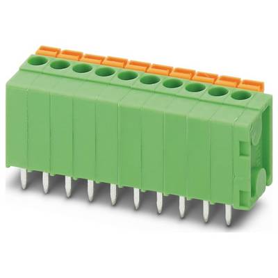 Ein grüner rechteckiger Klemmleistenverbinder mit mehreren Schlitzen und Metallstiften, der für elektrische Verbindungen verwendet wird.