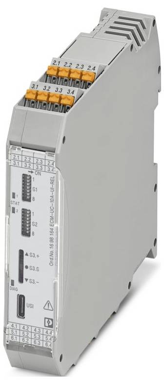 Ein grauer industrieller Ethernet-Switch mit mehreren Anschlüssen und beschrifteten Eingängen, der für Netzwerkverbindungen in industriellen Umgebungen verwendet wird.