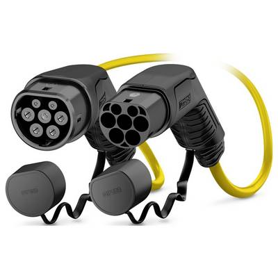 Zwei schwarze Ladestecker für Elektrofahrzeuge mit gelben Kabeln, einer mit einem runden Stecker und der andere mit einem mehrstiftigen Stecker.