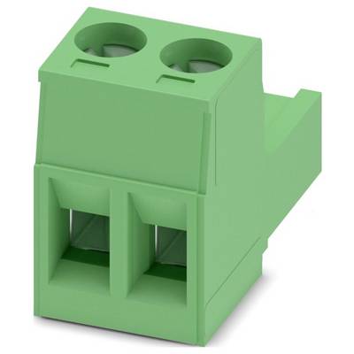 Grünes zweipoliges Klemmblockstecker mit zwei kreisförmigen Drahteinführungen oben und gestuftem Design, das für elektrische Verbindungen verwendet wird.