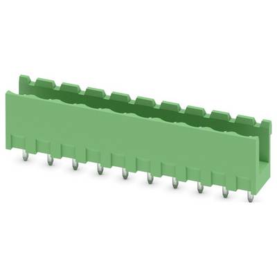 Ein grüner elektronischer Komponentenstecker mit mehreren Stiften zur Befestigung auf Leiterplatten, typischerweise in elektronischen Baugruppen verwendet.