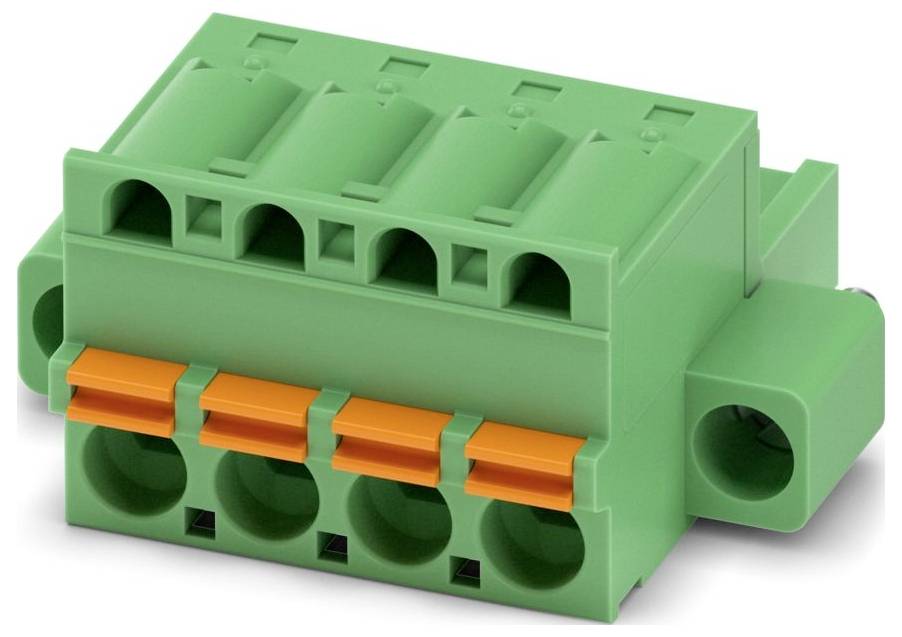 Ein grüner Industriestecker mit freigelegten Drähten, der verschiedenfarbige interne Kabel für elektrische Verbindungen zeigt.