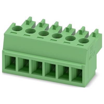 Ein grünes Elektrikklemmleistenblock mit sechs Schlitzen für Drahtverbindungen, das zum Sichern und Organisieren von Elektrokabeln verwendet wird.