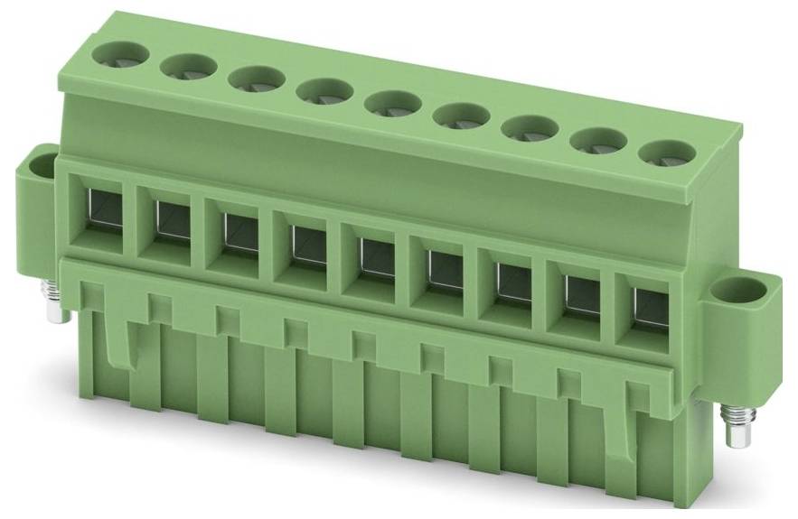 Ein grüner elektrischer Steckverbinder mit sechs Löchern oben, entwickelt für sichere Drahtverbindungen in elektronischen oder elektrischen Anwendungen.