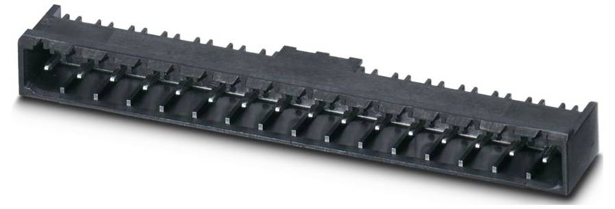 Ein langer, schwarzer Kunststoffstecker mit zwei Reihen kleiner Stifte und erhobenen Kanten, der für elektronische Geräte verwendet wird.