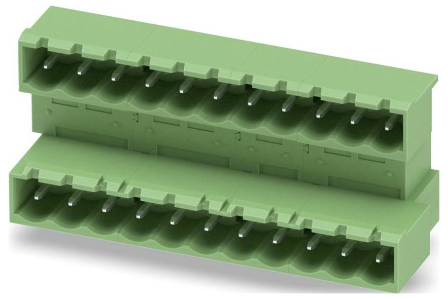 Ein grüner Steckschraub-Verbinder mit mehreren Schlitzen, üblicherweise für elektrische oder elektronische Verbindungen verwendet.