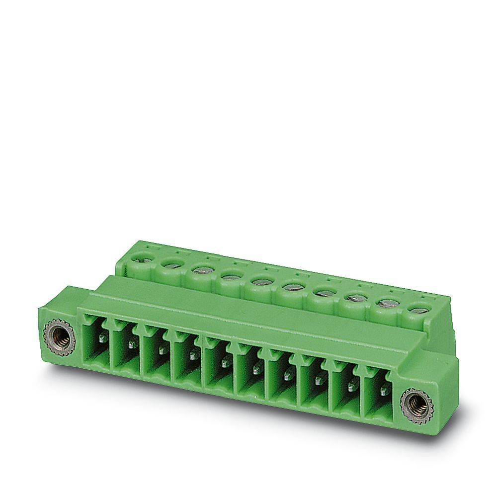 Ein grüner Elektroverbindungsblock mit mehreren Schraubklemmen, konstruiert zur sicheren Verbindung von Elektrokabeln, in einer Schrägansicht betrachtet.