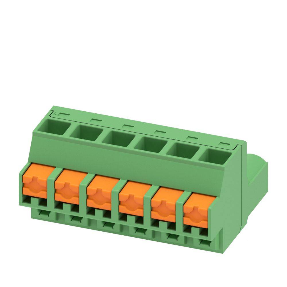 Grün-oranges Elektrostecker mit fünf Anschlussöffnungen, verwendet zum Verbinden von Elektrokabeln in Industrieanwendungen.