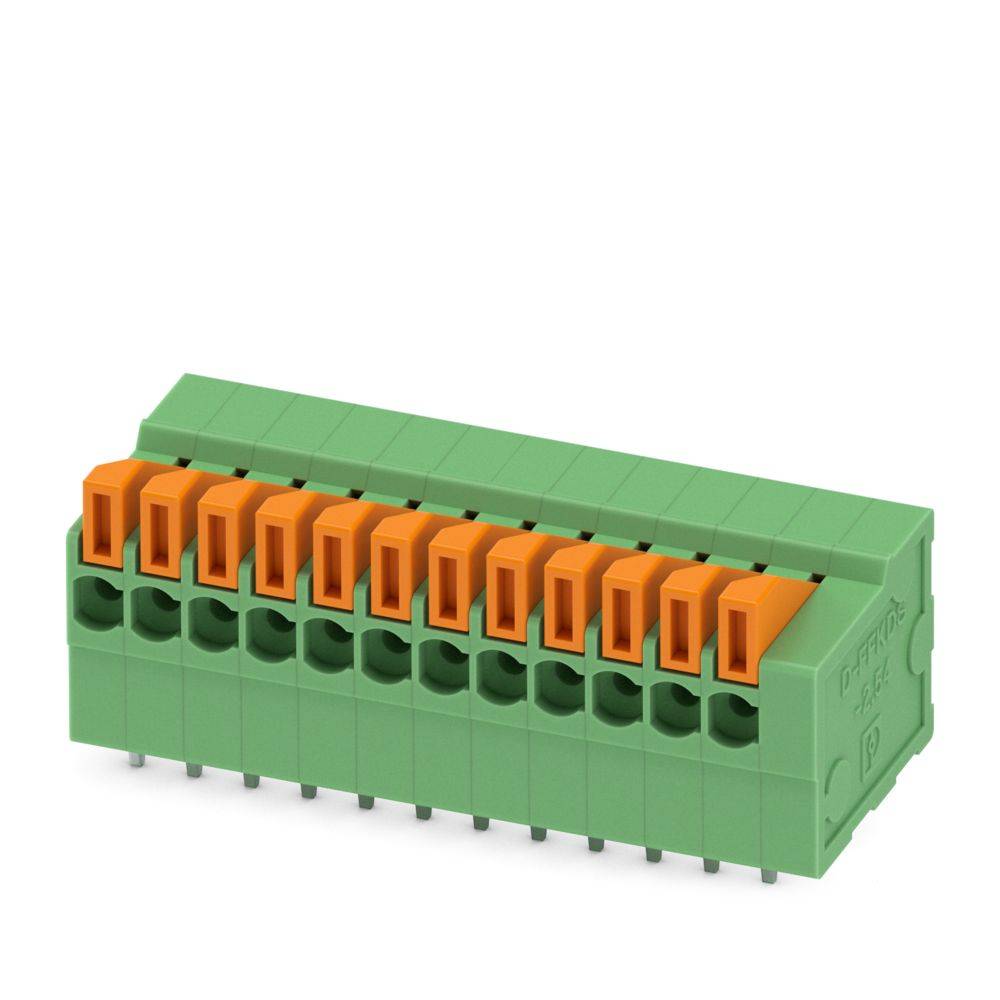 Ein grüner und orangefarbener elektronischer Stecker mit mehreren Schlitzen, der zum Verdrahten und für elektrische Verbindungen verwendet wird.